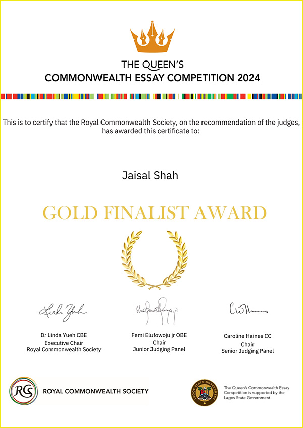 Jaisal Shah's Gold Finalist Award Certificate at Queens Commonwealth Essay Competition 2024